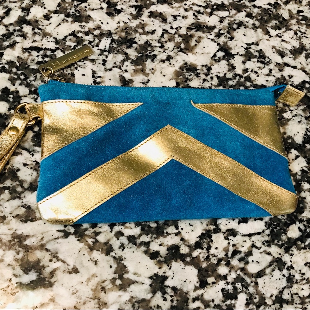 Halston suede leather wristlet aqua & gold bag wallet